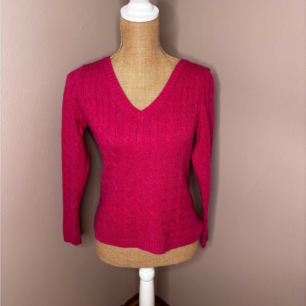 Ann Taylor LOFT Pink Cable Knit V-Neck Sweater Petite Med Soft 8% Rabbit Fur
